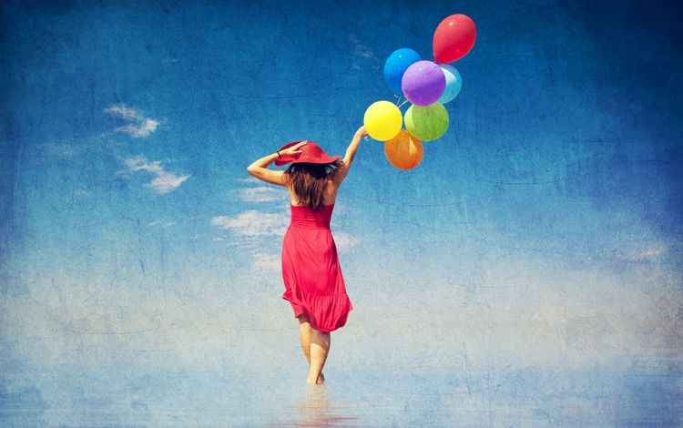 девушка, шляпа, красное платье, шаги, красочные воздушные шары, ходит по воде, girl, hat, red dress, steps, colorful balloons, walks on water
