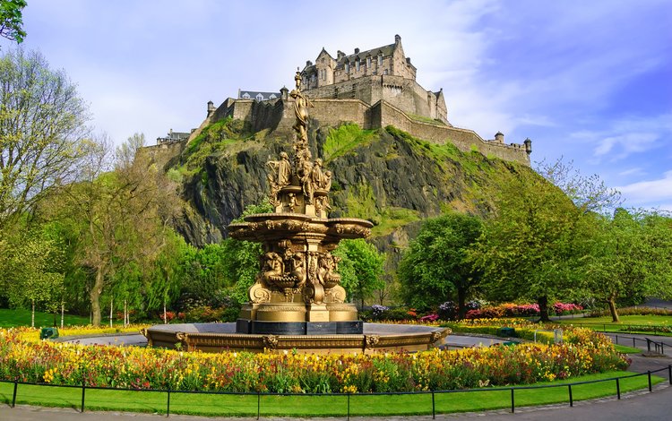 замок, город, фонтан, шотландия, эдинбург, ross fountain, castle, the city, fountain, scotland, edinburgh