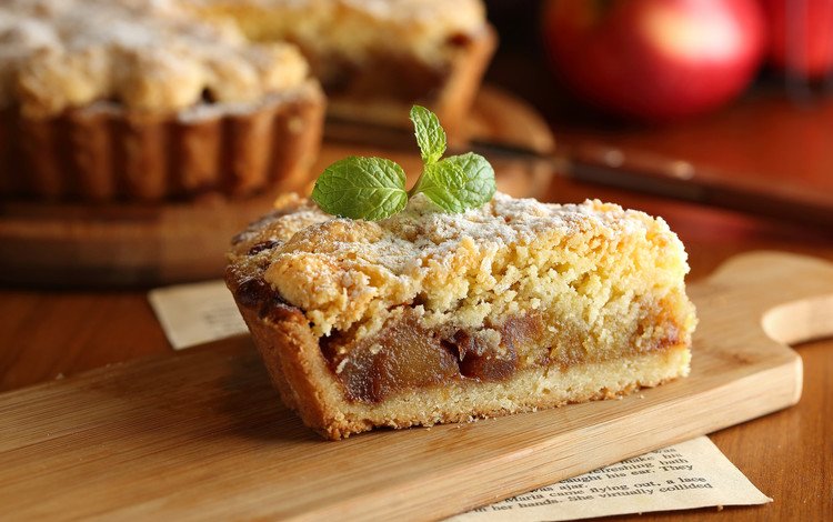 мята, яблоко, выпечка, пирог, кусок, разделочная доска, mint, apple, cakes, pie, piece, cutting board