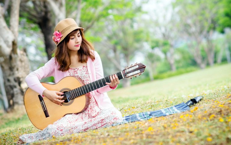 девушка, гитара, шляпа, girl, guitar, hat