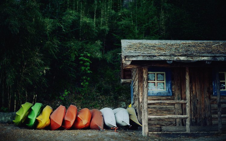 лес, разноцветные, лодки, домик, forest, colorful, boats, house