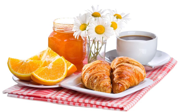 апельсины, кофе, ромашки, завтрак, мед, выпечка, круассаны, oranges, coffee, chamomile, breakfast, honey, cakes, croissants