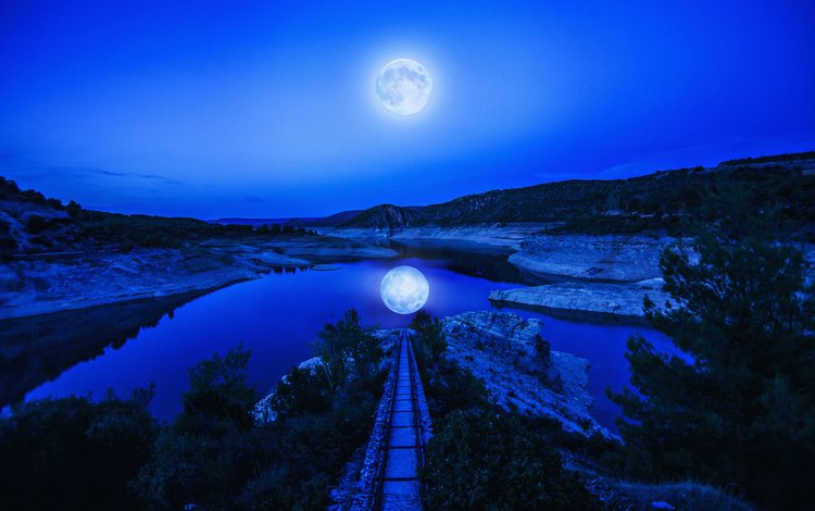 ночь, озеро, природа, отражение, луна, пейзаж., night, lake, nature, reflection, the moon, landscape.