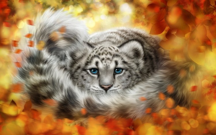 арт, листья, взгляд, осень, леопард, снежный барс, ирбис, art, leaves, look, autumn, leopard, snow leopard, irbis