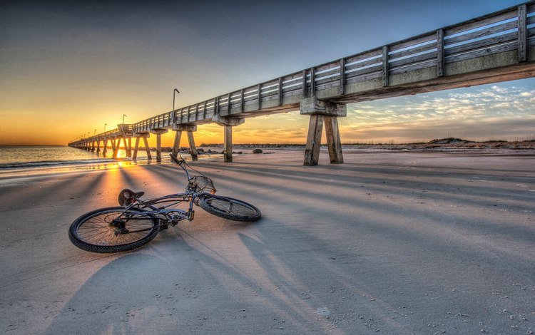 закат, море, пляж, мост, велосипед, sunset, sea, beach, bridge, bike