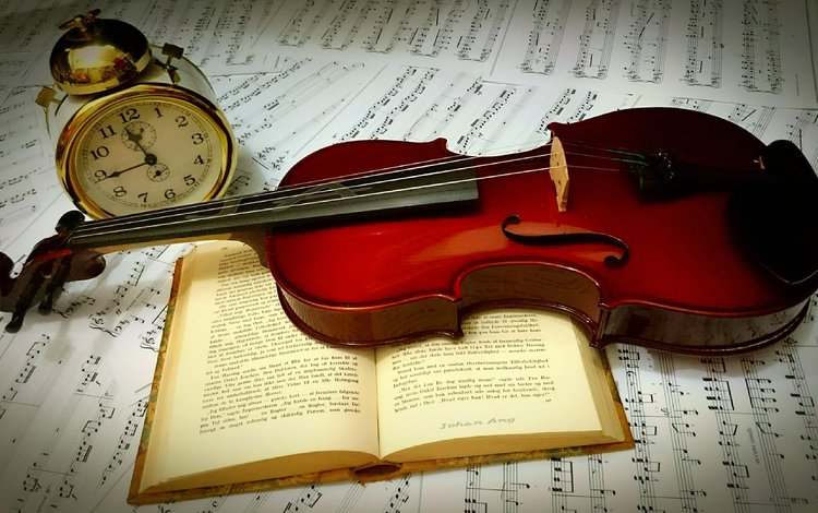 скрипка, книга, будильник, violin, book, alarm clock