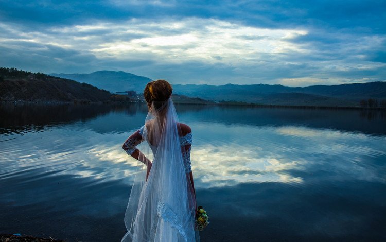 небо, озеро, девушка, невеста, the sky, lake, girl, the bride