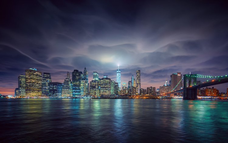 ночь, фонари, вода, отражение, мост, город, сша, нью-йорк, night, lights, water, reflection, bridge, the city, usa, new york