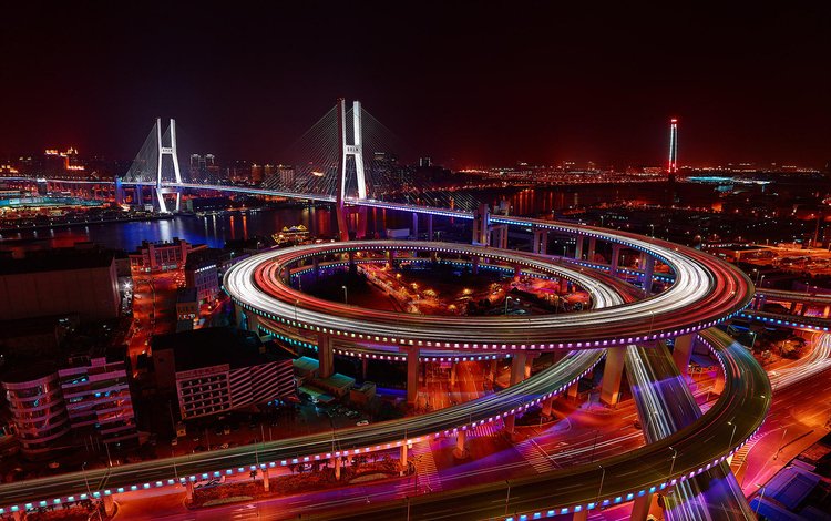 ночь, городские огни, длительная экспозиция, огни, дорожное движение, мост, город, шанхай, китай, дороги, мост нанпу, night, lights, bridge, the city, shanghai, china, road, nanpu bridge