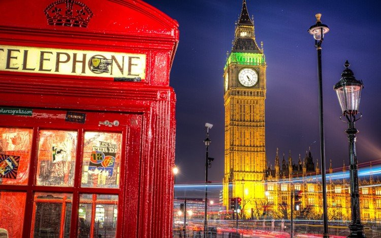 лондон, англия, телефонная будка, биг-бен, огни города, уличный фонарь, london, england, phone booth, big ben