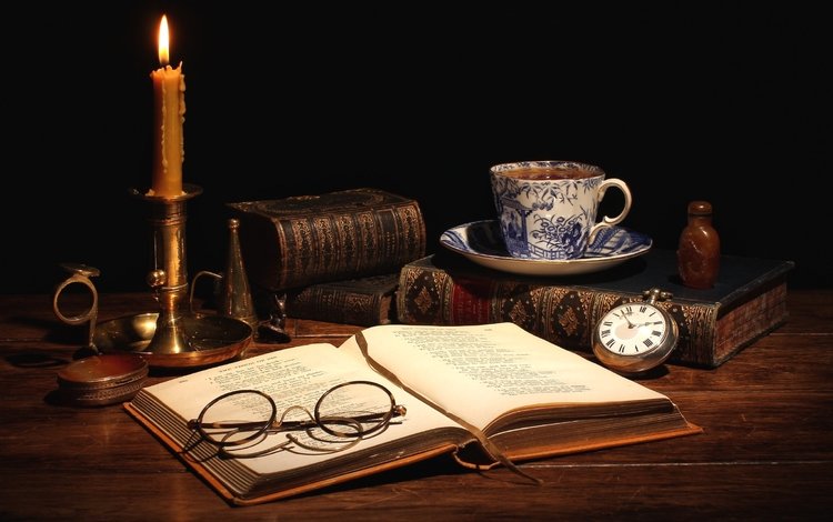 очки, книги, часы, чашка, чай, свеча, натюрморт, glasses, books, watch, cup, tea, candle, still life