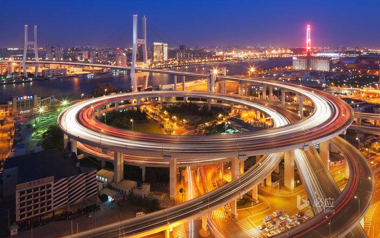 ночь, мост, город, шанхай, развязка, nanpu bridge, мост нанпу, городские огни, длительная экспозиция, дорожное движение, night, bridge, the city, shanghai, interchange