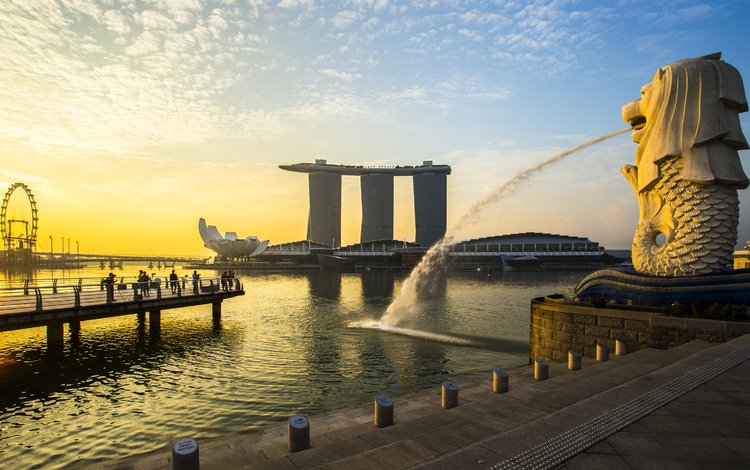 восход, город, фонтан, сингапур, парк мерлион, sunrise, the city, fountain, singapore, merlion park