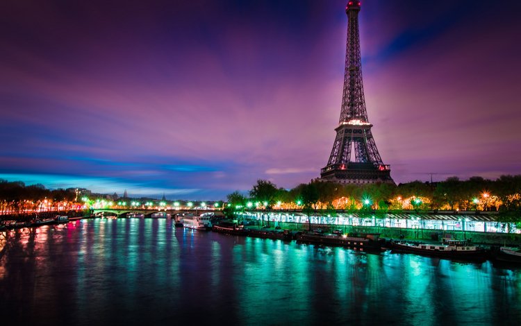 огни, вечер, река, париж, франция, эйфелева башня, lights, the evening, river, paris, france, eiffel tower