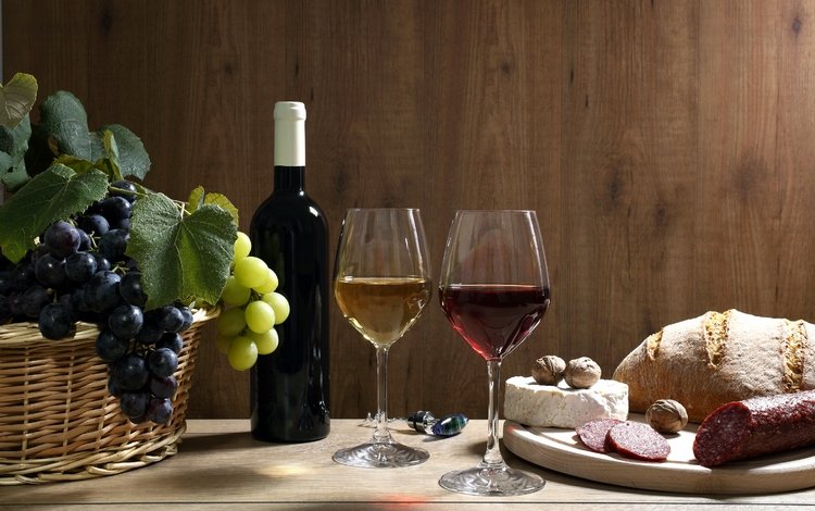 зелёный, вино, орехи, бутылка, виноград, бокалы, черный, колбаса, стол, штопор, сыр, грецкие, хлеб, грозди, корзина, green, wine, nuts, bottle, grapes, glasses, black, sausage, table, corkscrew, cheese, walnut, bread, bunches, basket