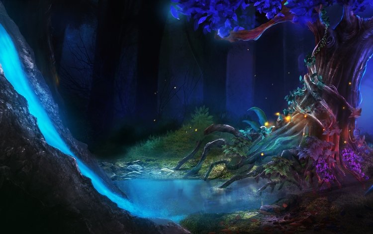 арт, фэнтези, фантастический лес, неоновая река, art, fantasy, fantastic forest, neon river