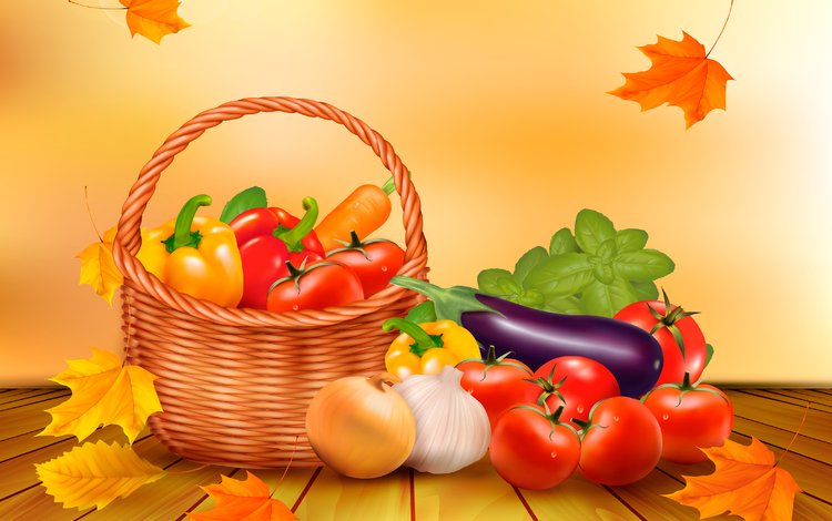 листья, вектор, осень, корзина, урожай, овощи, натюрморт, leaves, vector, autumn, basket, harvest, vegetables, still life