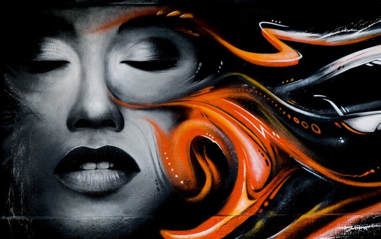 рисунок, девушка, стена, губы, лицо, граффити, закрытые глаза, figure, girl, wall, lips, face, graffiti, closed eyes