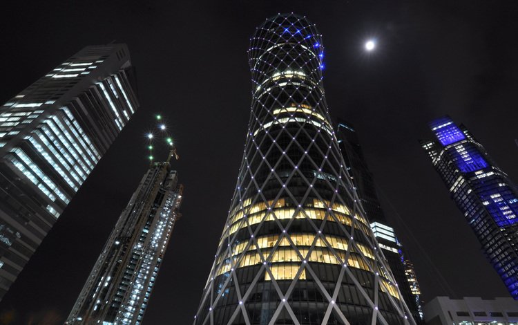 ночь, огни, город, небоскребы, катар, до́ха, доха, night, lights, the city, skyscrapers, qatar, doha