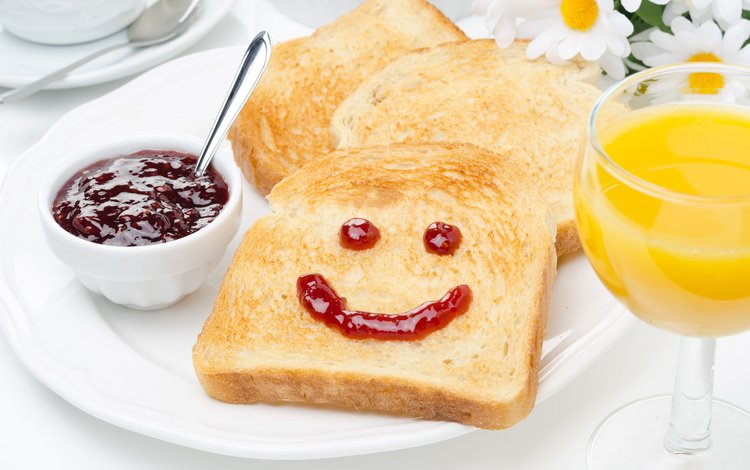 улыбка, джем, хлеб, ромашки, завтрак, рожица, сок, тост, smile, jam, bread, chamomile, breakfast, smiley, juice, toast