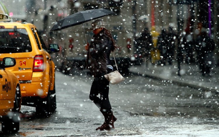 девушка, город, улица, снегопад, girl, the city, street, snowfall