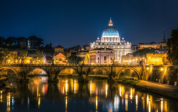 ночь, огни, мост, италия, рим, ватикан, night, lights, bridge, italy, rome, the vatican