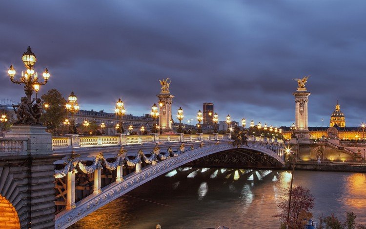 ночь, огни, мост, город, париж, франция, night, lights, bridge, the city, paris, france