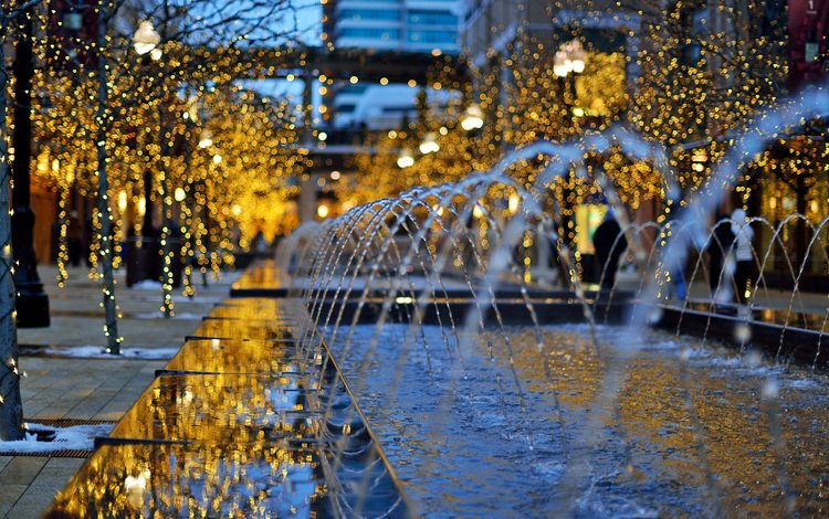 зима, город, улица, гирлянды, фонтаны, winter, the city, street, garland, fountains