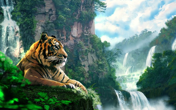 тигр, арт, лес, пейзаж, гора, водопад, tiger, art, forest, landscape, mountain, waterfall
