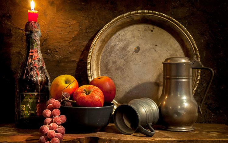 виноград, яблоки, свеча, кувшин, гроздь, натюрморт, блюдо, an image of the past, grapes, apples, candle, pitcher, bunch, still life, dish