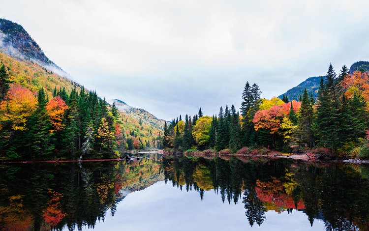 озеро, горы, отражение, пейзаж, осень, канада, квебек, lake, mountains, reflection, landscape, autumn, canada, qc