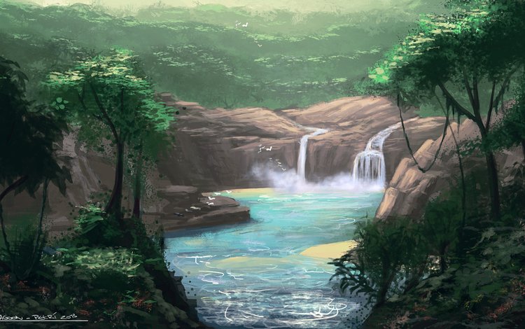 деревья, река, природа, пейзаж, водопад, живопись, trees, river, nature, landscape, waterfall, painting