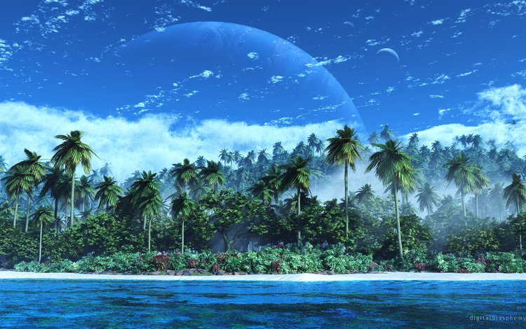 природа, пальмы, рендеринг, остров, 3д, цифровая, атолл, nature, palm trees, rendering, island, 3d, digital, atoll