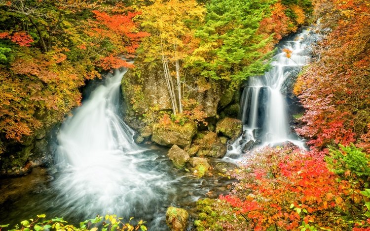 скалы, пейзаж, водопад, осень, япония, rocks, landscape, waterfall, autumn, japan