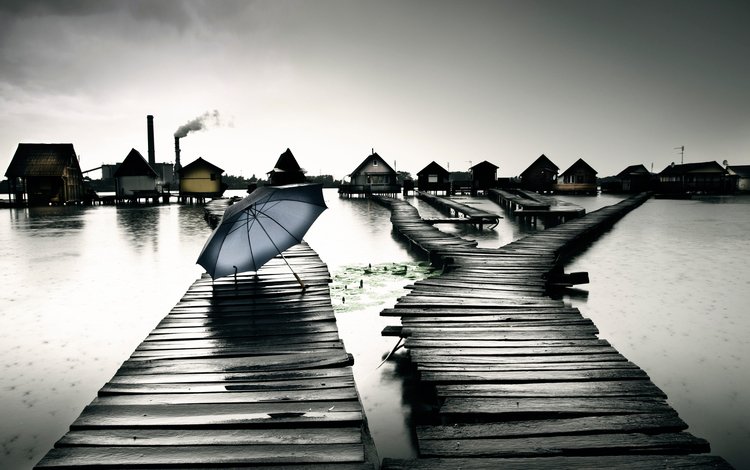 озеро, дом, дождь, зонт, венгрия, bokod, lake, house, rain, umbrella, hungary