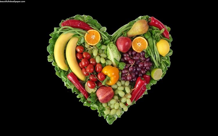 зелень, апельсин, фон, лайм, виноград, овощи, фрукты, помидоры, яблоки, бананы, сердце, перец, лимон, груша, черный фон, greens, orange, background, lime, grapes, vegetables, fruit, tomatoes, apples, bananas, heart, pepper, lemon, pear, black background