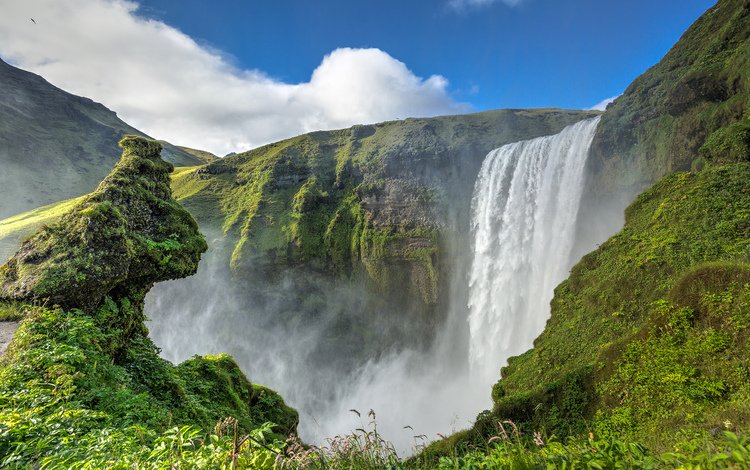 водопад, поток, исландия, утесы, скоугафосс, водопад скоугафосс, waterfall, stream, iceland, cliffs, skogafoss, skogafoss waterfall