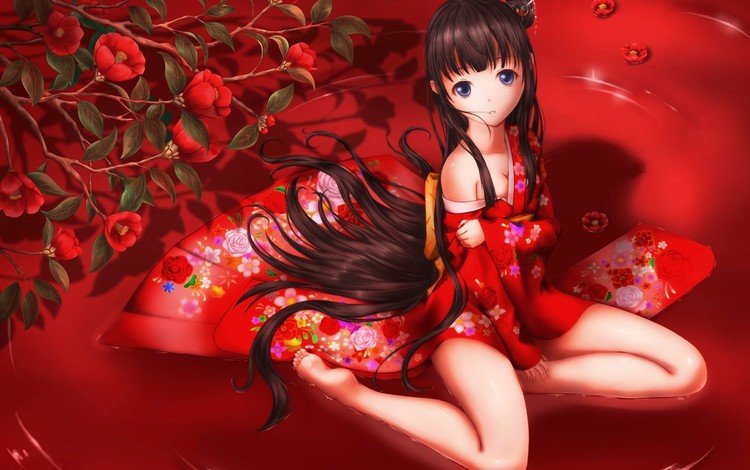 цветы, арт, ветка, девушка, кимоно, красный фон, сидя, tsuchiryuu, tsuchinoe tatsu, flowers, art, branch, girl, kimono, red background, sitting