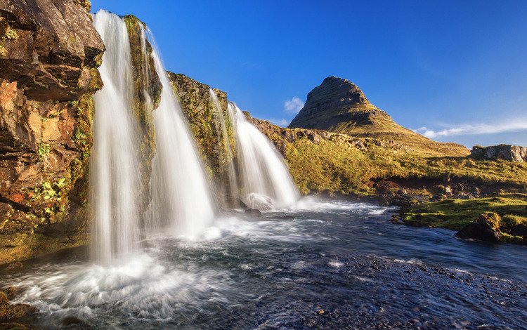 небо, горы, скалы, водопад, исландия, snæfellsnes national park, киркьюфетль, the sky, mountains, rocks, waterfall, iceland, kirkjufell