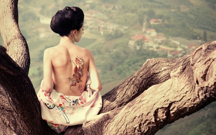 дерево, профиль, тату, спина, гейша, tree, profile, tattoo, back, geisha