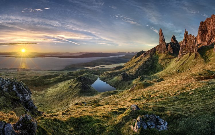трава, горы, восход, природа, пейзаж, море, остров, шотландия, grass, mountains, sunrise, nature, landscape, sea, island, scotland