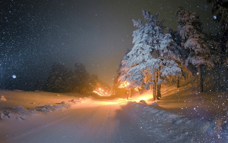 дорога, ночь, зима, метель, road, night, winter, blizzard