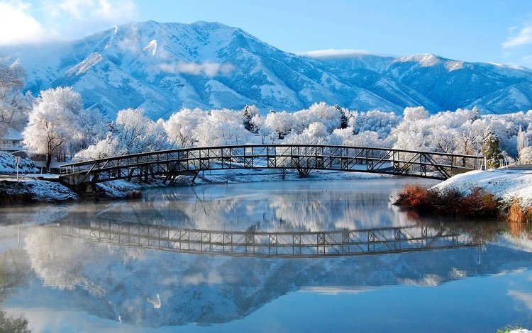 зима, гора, мост, речка, winter, mountain, bridge, river