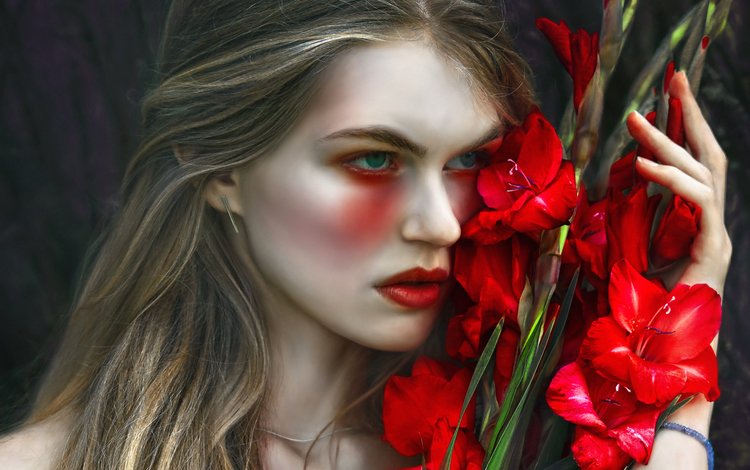 арт, девушка, фантазия, agnieszka lorek, tears and gladiolus, magda, красные цветы, art, girl, fantasy, red flowers