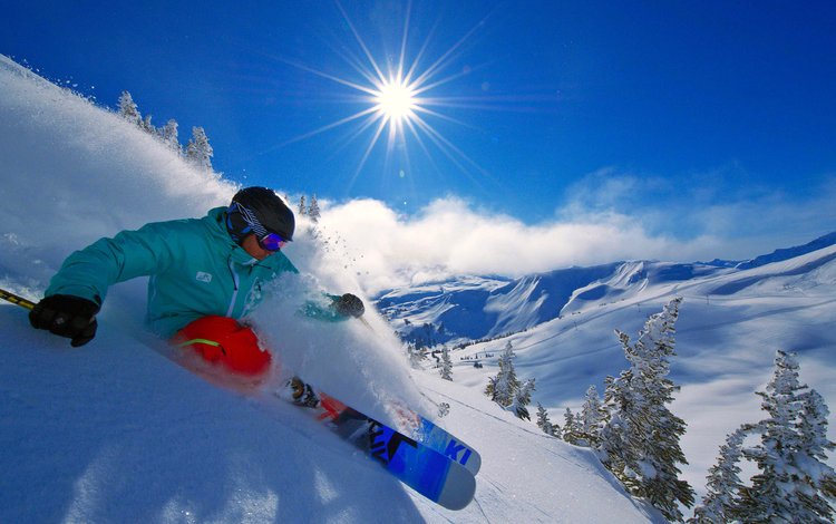 небо, горнолыжный спорт, солнце, снег, спуск, лыжник, лыжи, экстрим, солнцезащитные очки, the sky, the sun, snow, the descent, skier, ski, extreme, sunglasses