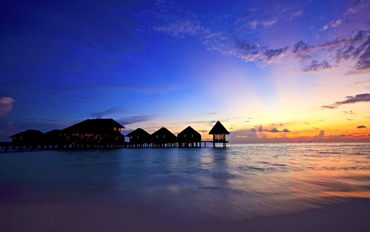 небо, вечер, закат, пейзаж, море, бунгало, мальдивы, the sky, the evening, sunset, landscape, sea, bungalow, the maldives