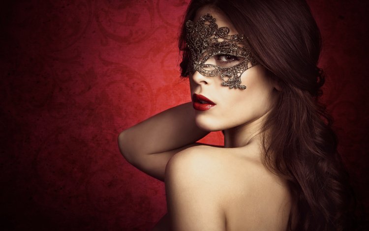 девушка, красные губы, фон, маска, взгляд, плечи, волосы, лицо, помада, girl, red lips, background, mask, look, shoulders, hair, face, lipstick
