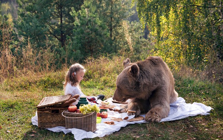 природа, медведь, девочка, пикник, маша и медведь, nature, bear, girl, picnic, masha and the bear