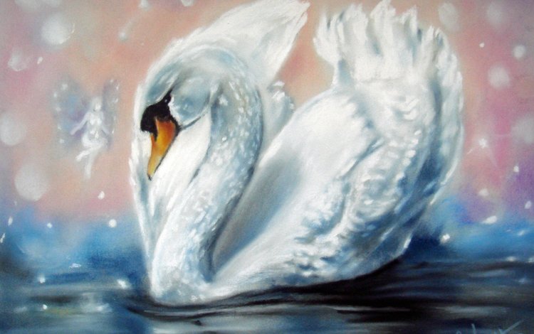 вода, лебедь, крылья, белый, фея, птица, клюв, перья, живопись, water, swan, wings, white, fairy, bird, beak, feathers, painting