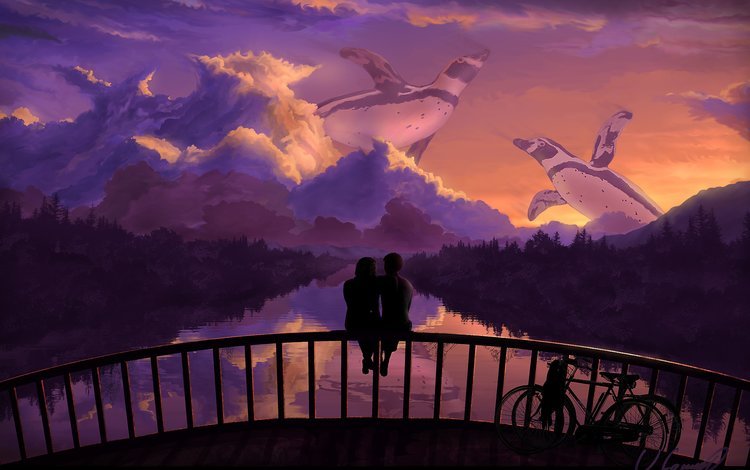 небо, пара, арт, речка, деревья, велосипед, закат, пингвины, отражение, мост, любовь, романтика, the sky, pair, art, river, trees, bike, sunset, penguins, reflection, bridge, love, romance
